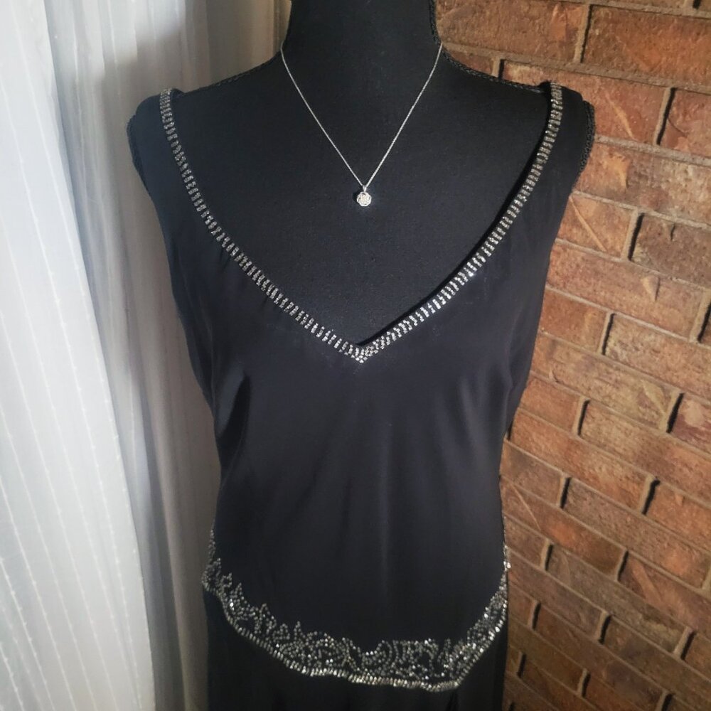 1920s Drop Waist Speakeasy Vibe Black Dress Rhinestones Size 14 Sleeveless Vneck - Picture 16 of 16